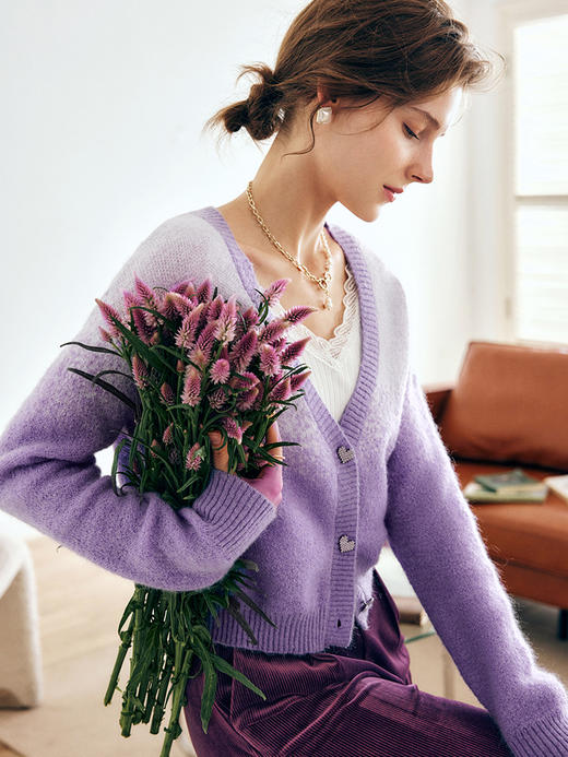 OLrain欧芮儿法式紫色开襟毛衣女早秋2022新款显瘦渐变色针织开衫 商品图3