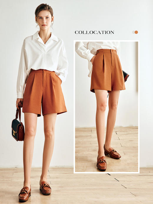 OLrain欧芮儿法式南瓜色休闲裤女春秋2022新款阔腿裤高腰直筒短裤 商品图0