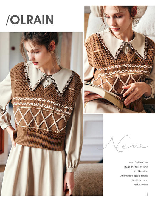 OLrain欧芮儿法式咖色背心马甲女早秋2022新款宽松学院风条纹上衣 商品图0