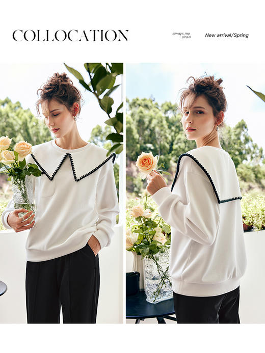 OLrain欧芮儿法式白色卫衣女早秋2022新款通勤宽松撞色海军领上衣 商品图1