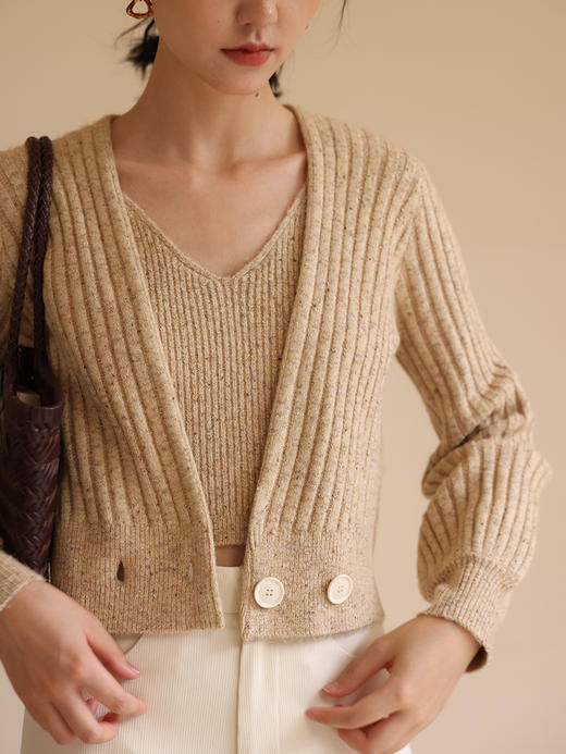 HeyDress法式针织开衫女秋季交叉设计感短款外套复古V领吊带背心 商品图1