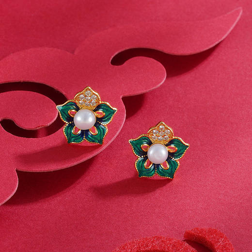【含羞带露】子佩集S925银镀金珐琅彩天然珍珠花朵耳饰【ZCW-009】2208 商品图1