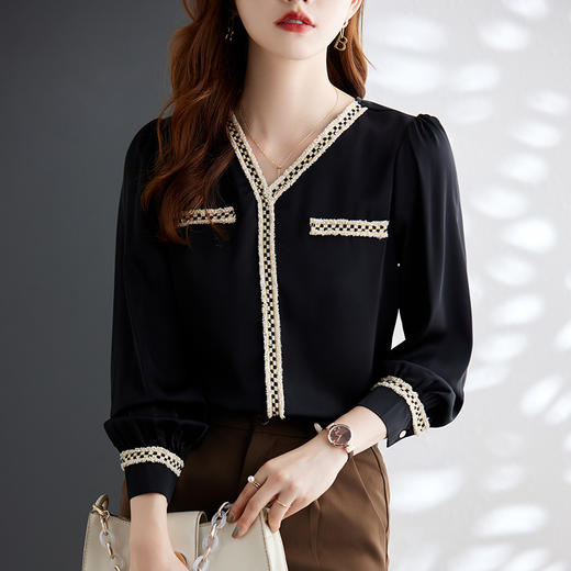 XZ-Q6675雪纺初秋T恤打底衫女百搭衬衫小香风V领时尚新潮别致显瘦 商品图1