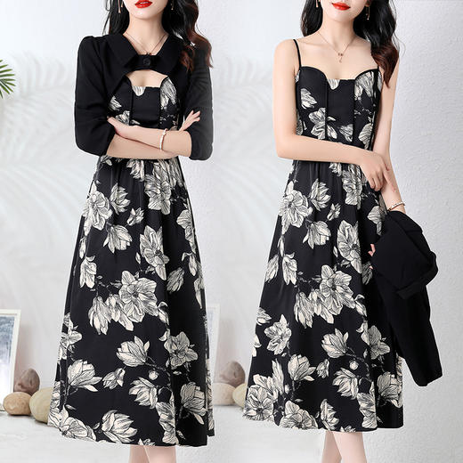 秋季新款法式小个子短款长袖外套+印花吊带连衣裙两件套装HR-WY23189 商品图3