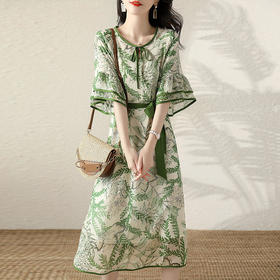 2022夏新款绿野仙踪荷叶边短袖A字裙系带撞色边喇叭袖显瘦连衣裙 KIS1033