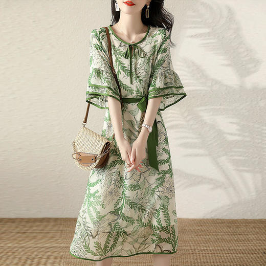 2022夏新款绿野仙踪荷叶边短袖A字裙系带撞色边喇叭袖显瘦连衣裙 KIS1033 商品图0