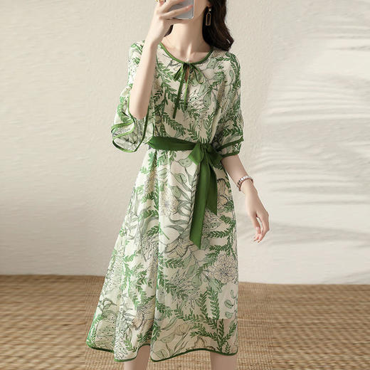 2022夏新款绿野仙踪荷叶边短袖A字裙系带撞色边喇叭袖显瘦连衣裙 KIS1033 商品图2
