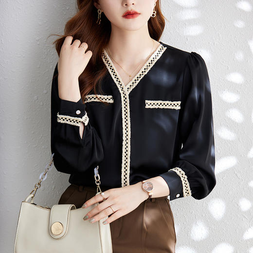 XZ-Q6675雪纺初秋T恤打底衫女百搭衬衫小香风V领时尚新潮别致显瘦 商品图3