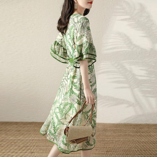 2022夏新款绿野仙踪荷叶边短袖A字裙系带撞色边喇叭袖显瘦连衣裙 KIS1033 商品图4