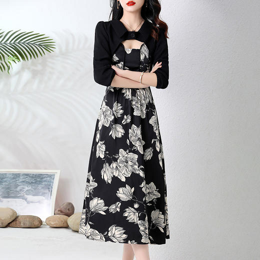 秋季新款法式小个子短款长袖外套+印花吊带连衣裙两件套装HR-WY23189 商品图0