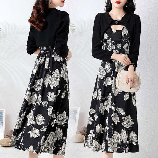 秋季新款法式小个子短款长袖外套+印花吊带连衣裙两件套装HR-WY23189 商品图2