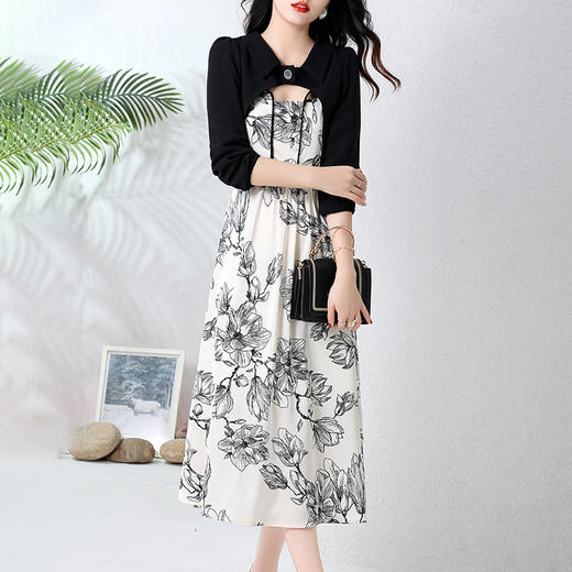 秋季新款法式小个子短款长袖外套+印花吊带连衣裙两件套装HR-WY23189 商品图1