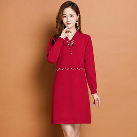 FCY-FQ8521新款时尚优雅气质修身显瘦减龄V领长袖木耳边针织百褶连衣裙