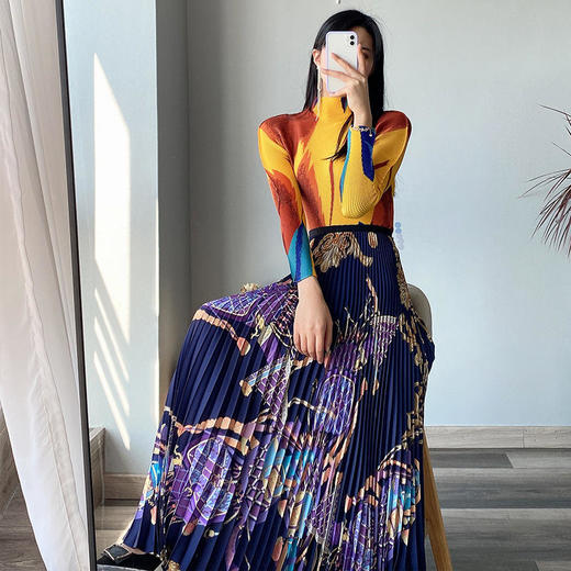 XXCFS-22BQ002C-62新款复古民族风高腰长款印花百褶垂感半身裙 商品图3