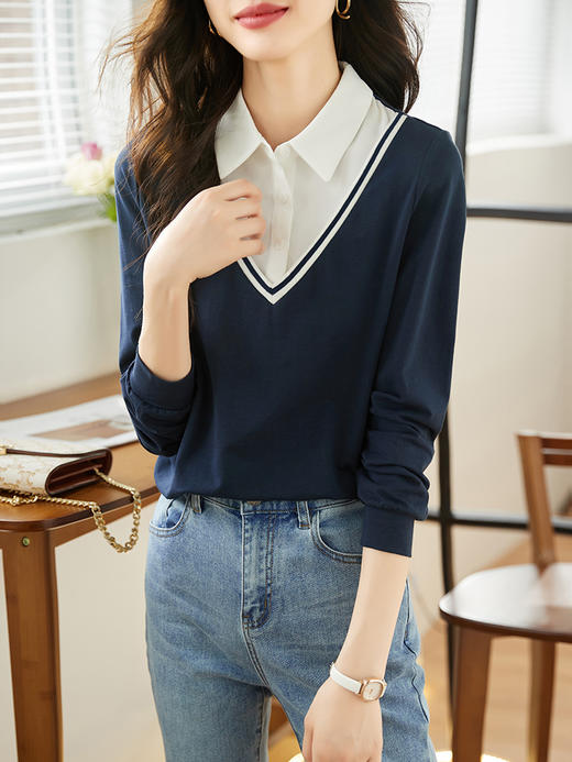 【59元福袋不支持退换】熙世界秋装新款学院文艺风衬衫翻领上衣拼接长袖假两件卫衣女 商品图2