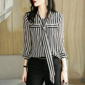2022秋装新款衬衫女长袖条纹系带优雅女士衬衣雪纺衫DB-A1871