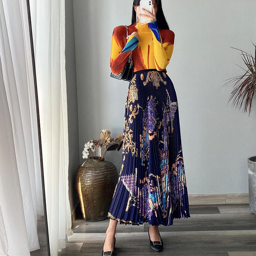 XXCFS-22BQ002C-62新款复古民族风高腰长款印花百褶垂感半身裙 商品图5