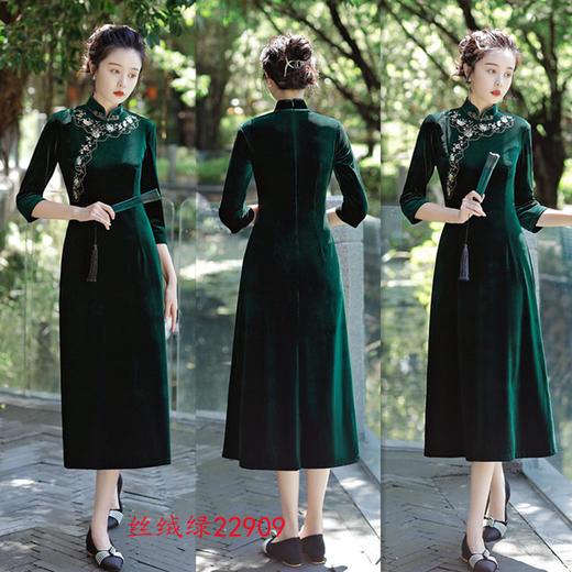 老上海丝绒绣花长款七分袖旗袍大摆裙GX22909 商品图3