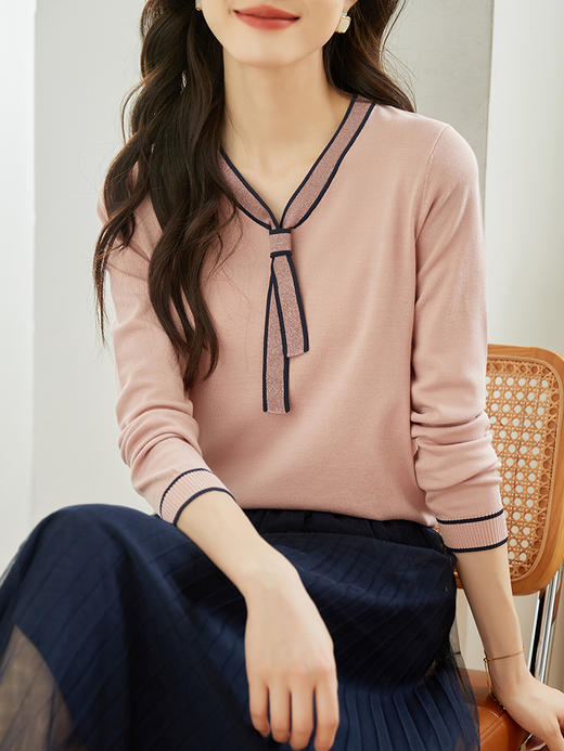 【专属特价】熙世界气质飘带针织衫女秋装新款名媛风撞色V领长袖套头上衣 商品图2