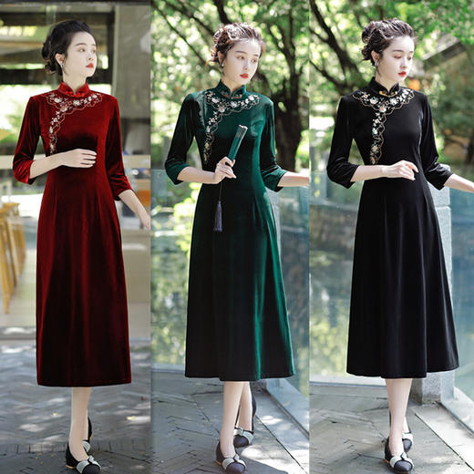 老上海丝绒绣花长款七分袖旗袍大摆裙GX22909 商品图0