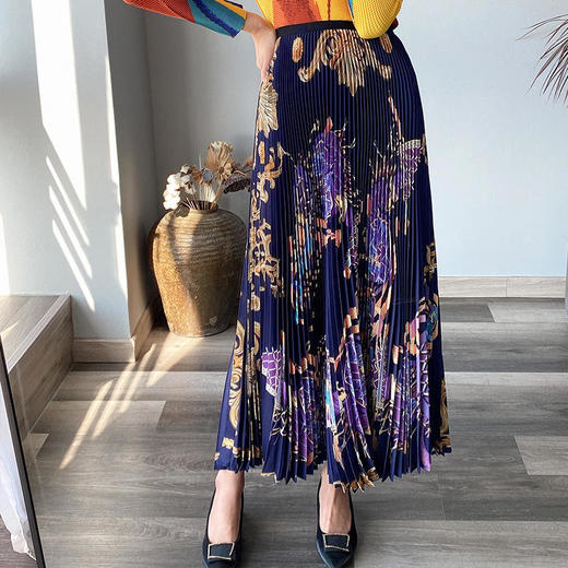 XXCFS-22BQ002C-62新款复古民族风高腰长款印花百褶垂感半身裙 商品图2