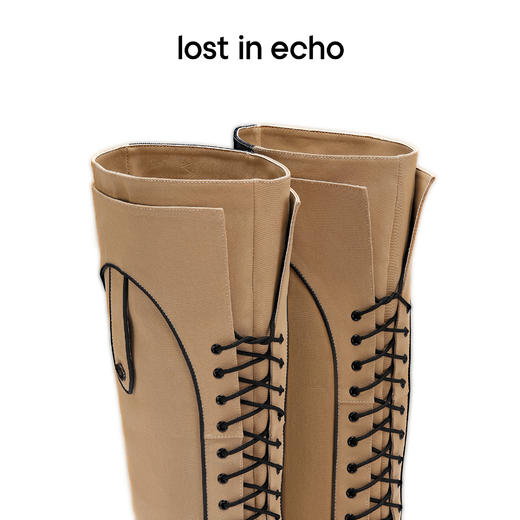 【下架】lost in echo 设计师品牌 风衣料拼接真皮方头绑带靴秋季女 商品图4