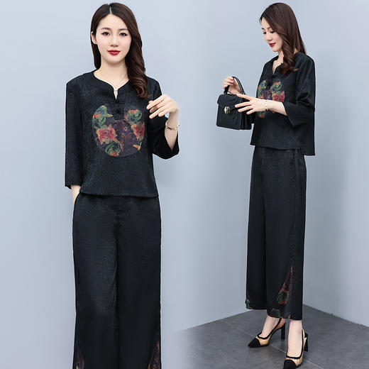 （秋季上新）HXY803香云纱2022夏新款高端真丝时尚洋气复古套装阔腿裤两件套【XP】 商品图2