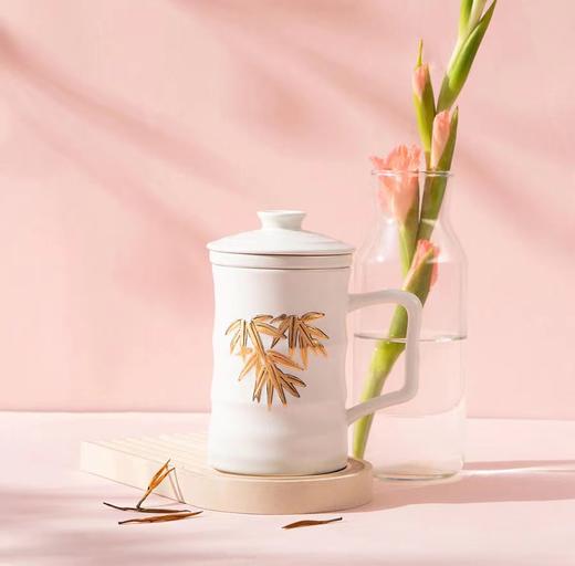 乾唐轩活瓷杯竹节三件杯带茶漏带手柄泡茶杯办公杯带盖陶瓷杯 商品图1