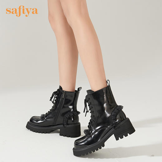 【春节不打烊】Safiya/索菲娅小众超轻底马丁靴2022秋冬新款褶皱花边厚底中跟甜酷机车靴女 SF24116083 商品图8
