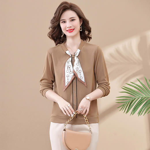 【新款秋装】妈妈洋气长袖T恤中年女装春秋装打底上衣中老年减龄系带小衫套装 商品图0