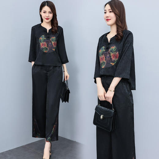 （秋季上新）HXY803香云纱2022夏新款高端真丝时尚洋气复古套装阔腿裤两件套【XP】 商品图1