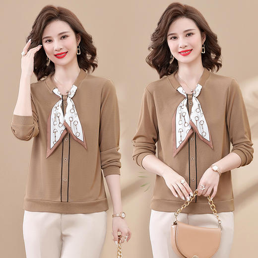 【新款秋装】妈妈洋气长袖T恤中年女装春秋装打底上衣中老年减龄系带小衫套装 商品图5