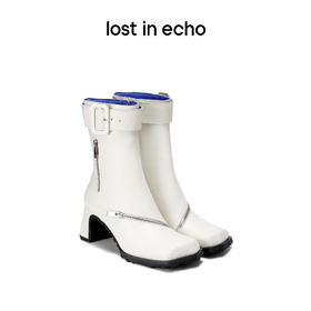 【下架】lost in echo 设计师品牌 斜方头拉链扣带装饰机车短靴女2022新款