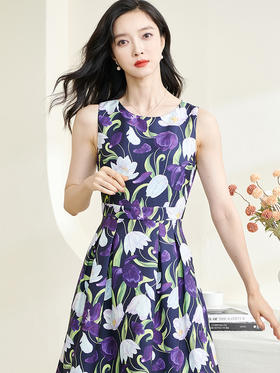剩S 米思阳2024秋季新款优雅紫色印花圆领赫本裙修身显瘦大摆裙子3060