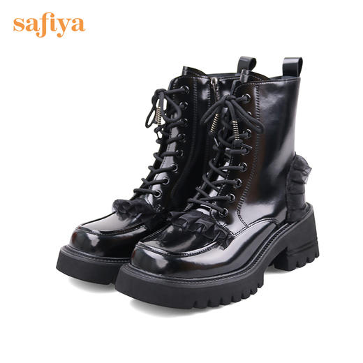 【春节不打烊】Safiya/索菲娅小众超轻底马丁靴2022秋冬新款褶皱花边厚底中跟甜酷机车靴女 SF24116083 商品图4