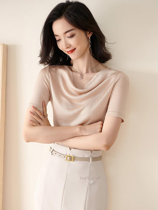 米思阳2025夏季新款荡领针织打底衫内搭修身亮丝短袖T恤女0545 商品图1