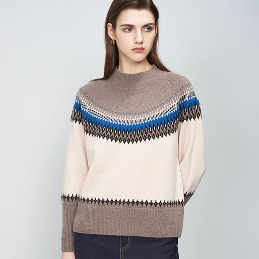 【半高领条纹羊绒衫】羊绒世家22年秋冬新品女士100%山羊绒衫时尚条纹内搭保暖毛衣 商品图0