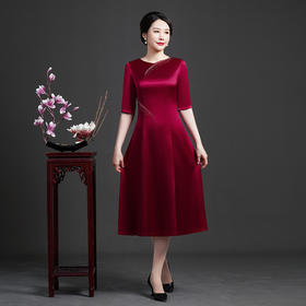 酒红色妈妈装旗袍裙婚宴婚礼大码改良镶钻旗袍礼服TY-22125