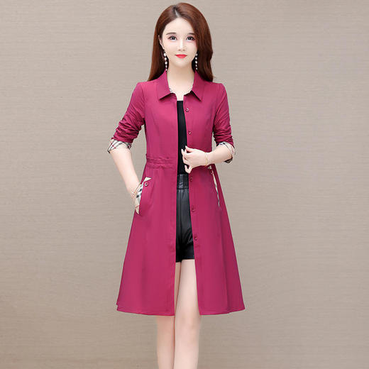 QYM-OMS-SLB102-L翻领长袖格子拼接气质风衣 商品图0