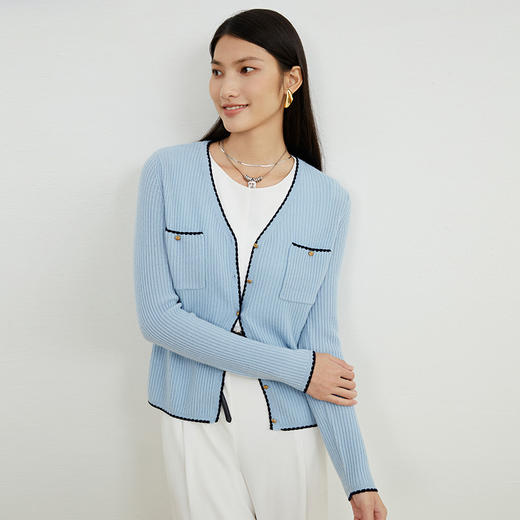 EITIE爱特爱秋季新款100%绵羊毛v领短款撞色时尚通勤气质百搭针织开衫C2201006 商品图11