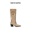 【下架】lost in echo 设计师品牌 风衣料拼接真皮方头绑带靴秋季女 商品缩略图1