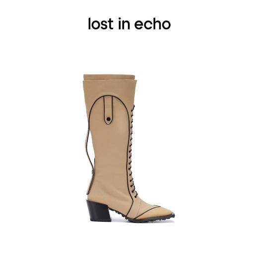 【下架】lost in echo 设计师品牌 风衣料拼接真皮方头绑带靴秋季女 商品图1