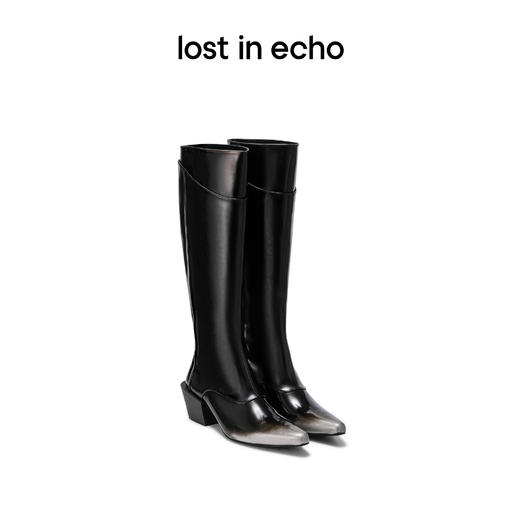 [捡漏价]lost in echo 设计师品牌尖头假两件拼接中筒靴骑士靴长靴膝下靴 商品图0