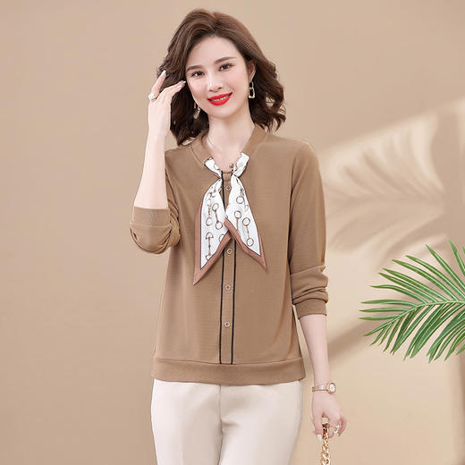 【新款秋装】妈妈洋气长袖T恤中年女装春秋装打底上衣中老年减龄系带小衫套装 商品图1
