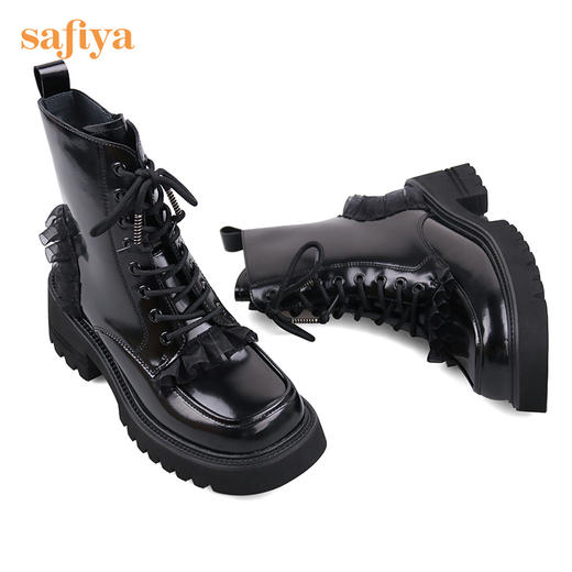 【春节不打烊】Safiya/索菲娅小众超轻底马丁靴2022秋冬新款褶皱花边厚底中跟甜酷机车靴女 SF24116083 商品图2