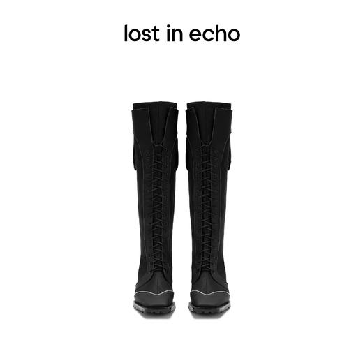 【下架】lost in echo 设计师品牌 风衣料拼接真皮方头绑带靴秋季女 商品图2