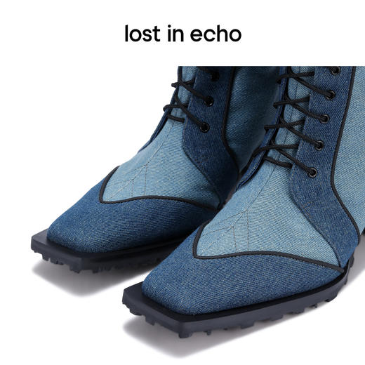 【下架】lost in echo 设计师品牌 风衣料拼接真皮方头绑带靴秋季女 商品图3