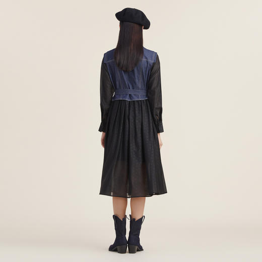 谜底2022秋新款假两件拼接牛仔绑带收腰衬衫连衣裙223ML1058 商品图2