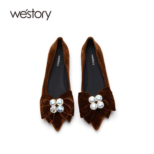 westory绒面蝴蝶结钻饰尖头浅口法式百搭22年新款平底单鞋女72421 商品图3
