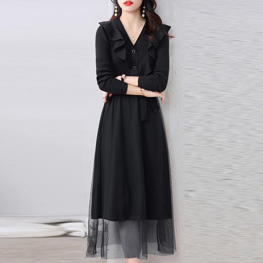 2022秋新款打底毛衣裙子长袖收腰显瘦拼接网纱连衣裙女   HRYZ7869 商品图1